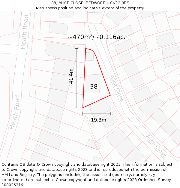 38, ALICE CLOSE, BEDWORTH, CV12 0BS: Plot and title map