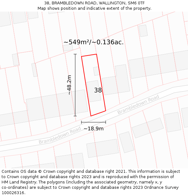 38, BRAMBLEDOWN ROAD, WALLINGTON, SM6 0TF: Plot and title map