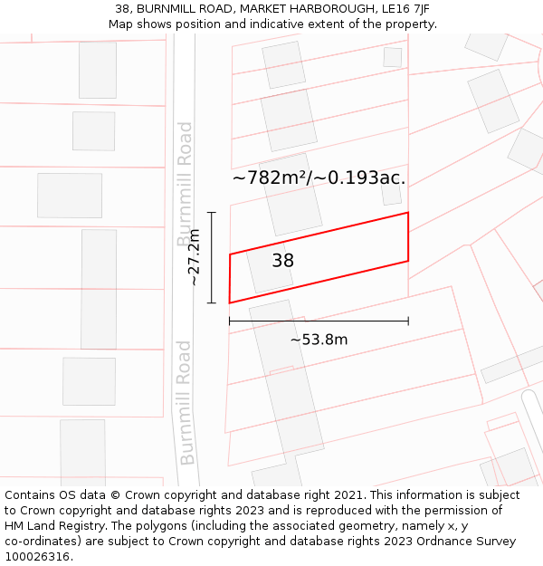 38, BURNMILL ROAD, MARKET HARBOROUGH, LE16 7JF: Plot and title map