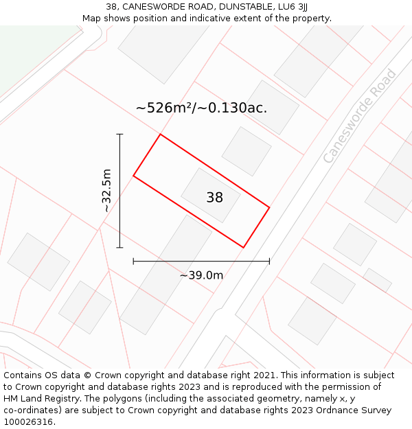 38, CANESWORDE ROAD, DUNSTABLE, LU6 3JJ: Plot and title map