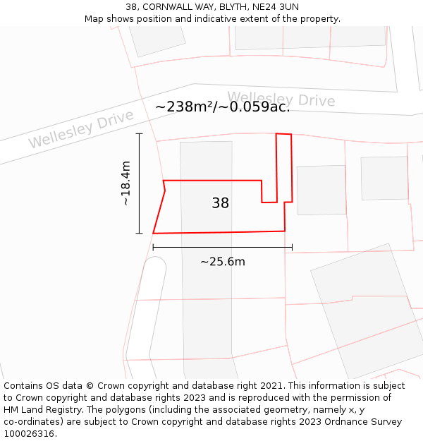 38, CORNWALL WAY, BLYTH, NE24 3UN: Plot and title map