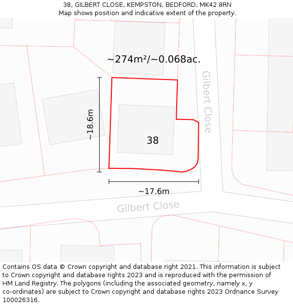 38, GILBERT CLOSE, KEMPSTON, BEDFORD, MK42 8RN: Plot and title map