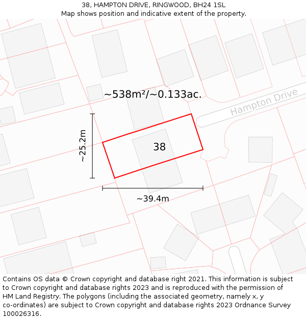 38, HAMPTON DRIVE, RINGWOOD, BH24 1SL: Plot and title map