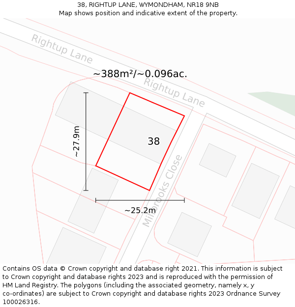 38, RIGHTUP LANE, WYMONDHAM, NR18 9NB: Plot and title map