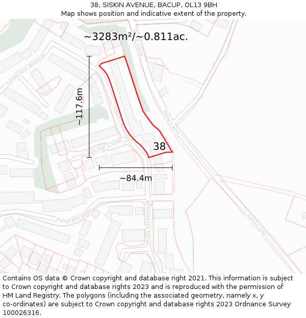 38, SISKIN AVENUE, BACUP, OL13 9BH: Plot and title map