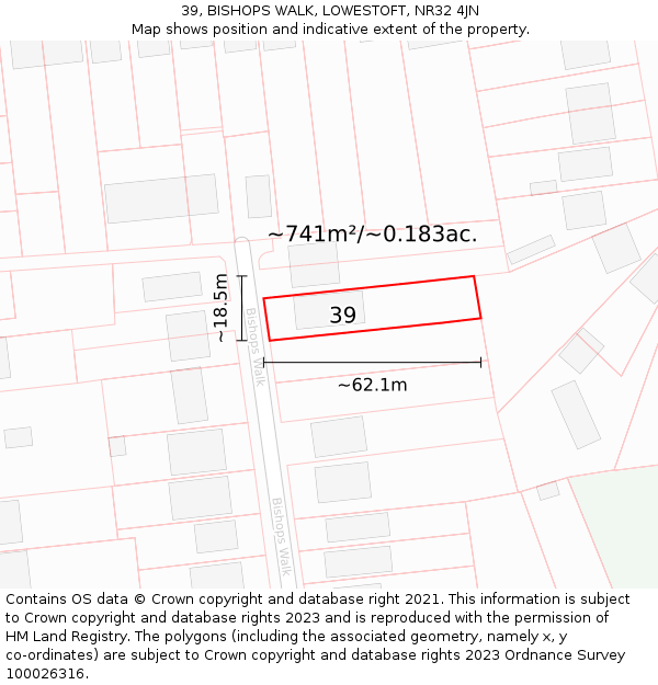 39, BISHOPS WALK, LOWESTOFT, NR32 4JN: Plot and title map