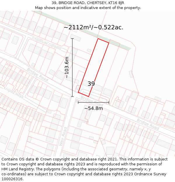 39, BRIDGE ROAD, CHERTSEY, KT16 8JR: Plot and title map