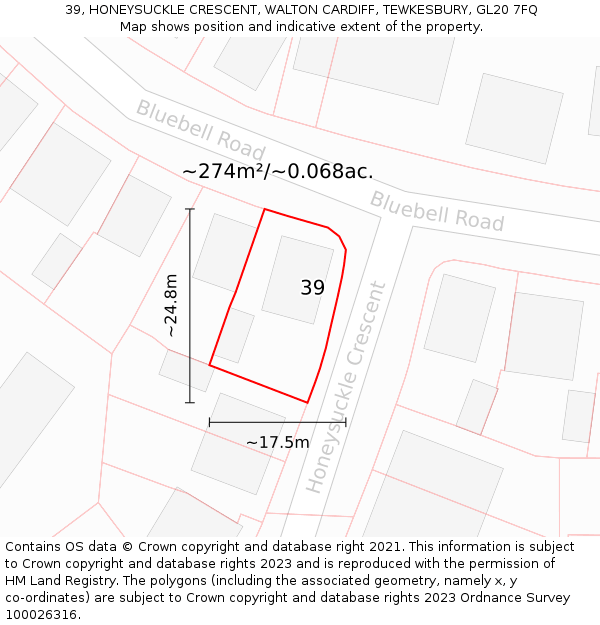 39, HONEYSUCKLE CRESCENT, WALTON CARDIFF, TEWKESBURY, GL20 7FQ: Plot and title map