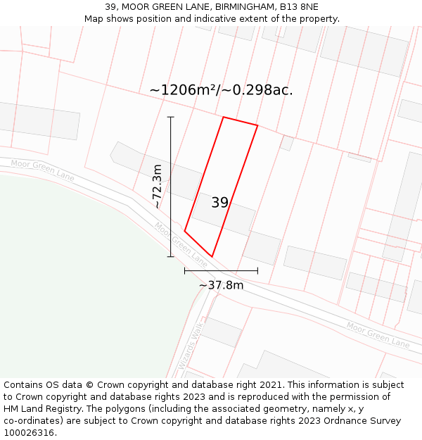 39, MOOR GREEN LANE, BIRMINGHAM, B13 8NE: Plot and title map