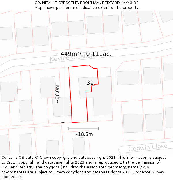 39, NEVILLE CRESCENT, BROMHAM, BEDFORD, MK43 8JF: Plot and title map