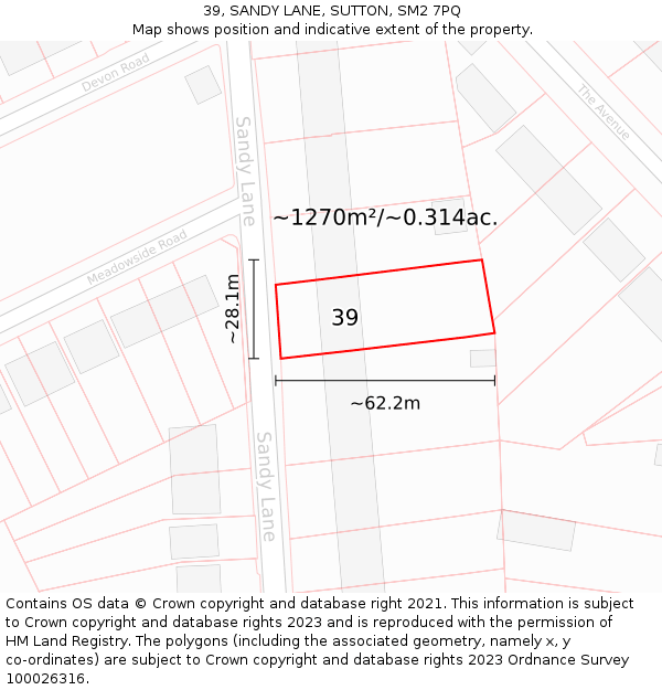 39, SANDY LANE, SUTTON, SM2 7PQ: Plot and title map