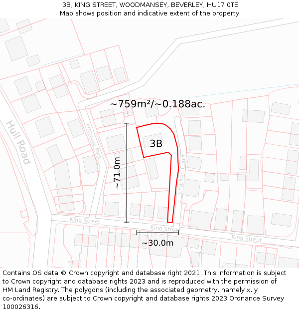 3B, KING STREET, WOODMANSEY, BEVERLEY, HU17 0TE: Plot and title map