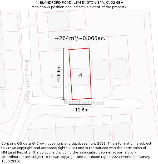 4, BLANDFORD ROAD, LEAMINGTON SPA, CV32 6BH: Plot and title map