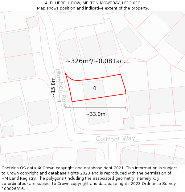 4, BLUEBELL ROW, MELTON MOWBRAY, LE13 0FG: Plot and title map