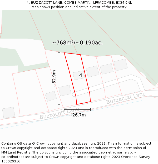 4, BUZZACOTT LANE, COMBE MARTIN, ILFRACOMBE, EX34 0NL: Plot and title map