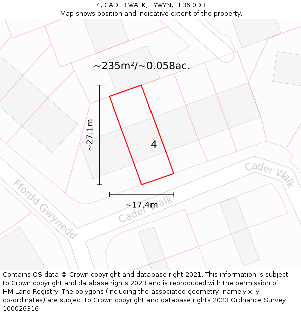 4, CADER WALK, TYWYN, LL36 0DB: Plot and title map