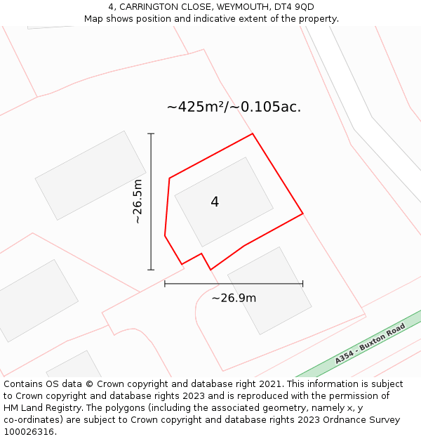 4, CARRINGTON CLOSE, WEYMOUTH, DT4 9QD: Plot and title map