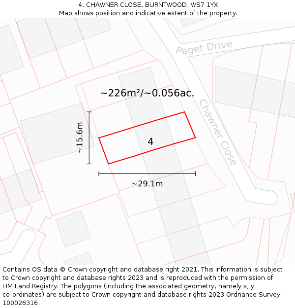 4, CHAWNER CLOSE, BURNTWOOD, WS7 1YX: Plot and title map