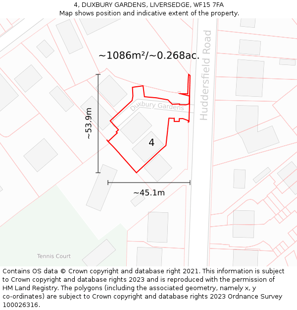 4, DUXBURY GARDENS, LIVERSEDGE, WF15 7FA: Plot and title map