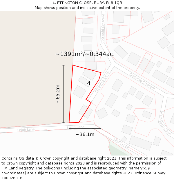 4, ETTINGTON CLOSE, BURY, BL8 1QB: Plot and title map