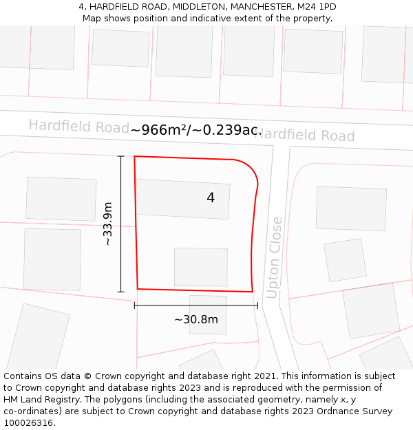 4, HARDFIELD ROAD, MIDDLETON, MANCHESTER, M24 1PD: Plot and title map