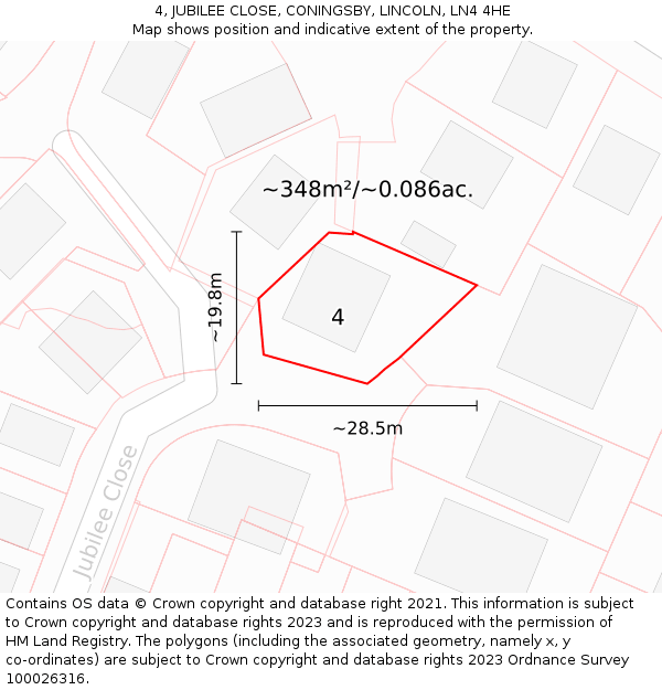 4, JUBILEE CLOSE, CONINGSBY, LINCOLN, LN4 4HE: Plot and title map