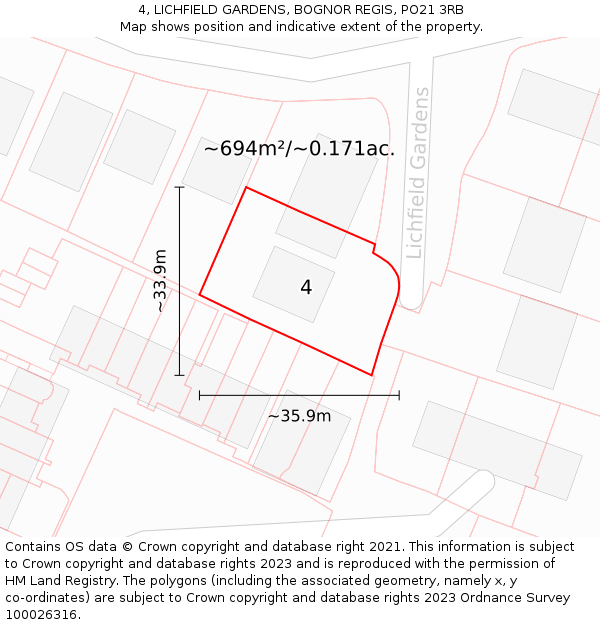 4, LICHFIELD GARDENS, BOGNOR REGIS, PO21 3RB: Plot and title map