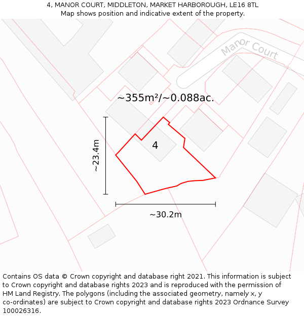 4, MANOR COURT, MIDDLETON, MARKET HARBOROUGH, LE16 8TL: Plot and title map