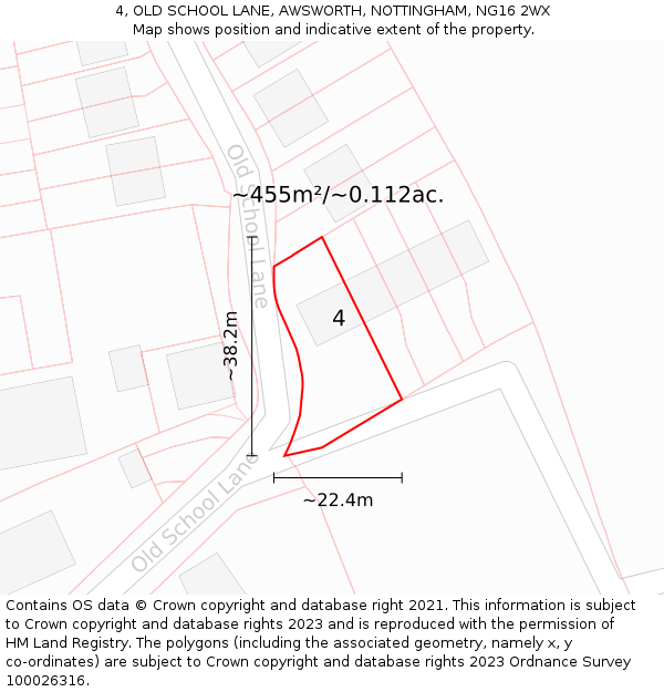 4, OLD SCHOOL LANE, AWSWORTH, NOTTINGHAM, NG16 2WX: Plot and title map