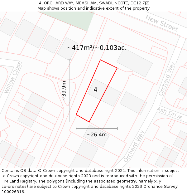 4, ORCHARD WAY, MEASHAM, SWADLINCOTE, DE12 7JZ: Plot and title map