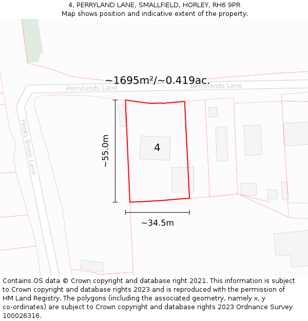 4, PERRYLAND LANE, SMALLFIELD, HORLEY, RH6 9PR: Plot and title map