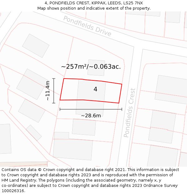 4, PONDFIELDS CREST, KIPPAX, LEEDS, LS25 7NX: Plot and title map