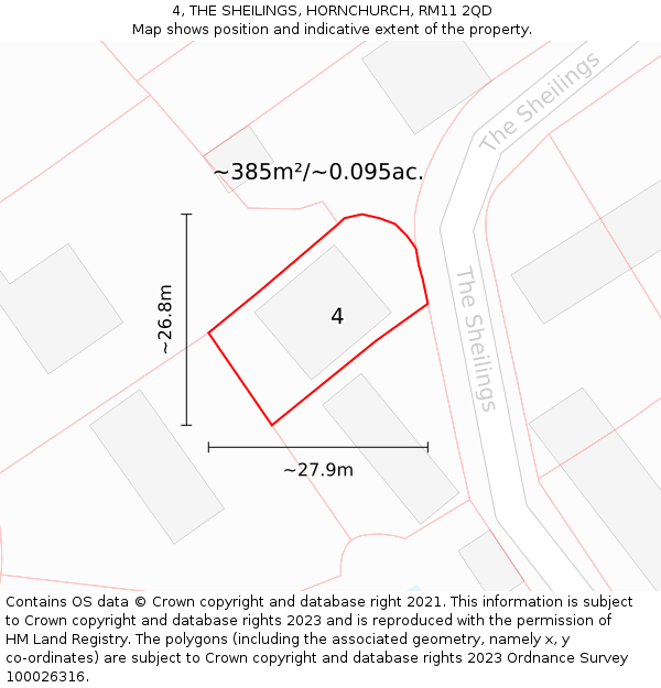 4, THE SHEILINGS, HORNCHURCH, RM11 2QD: Plot and title map