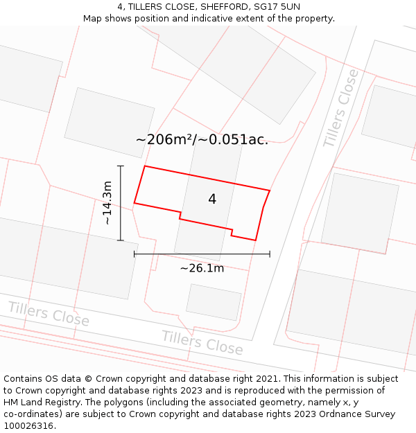 4, TILLERS CLOSE, SHEFFORD, SG17 5UN: Plot and title map