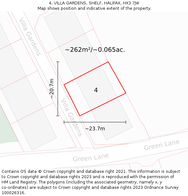 4, VILLA GARDENS, SHELF, HALIFAX, HX3 7JW: Plot and title map