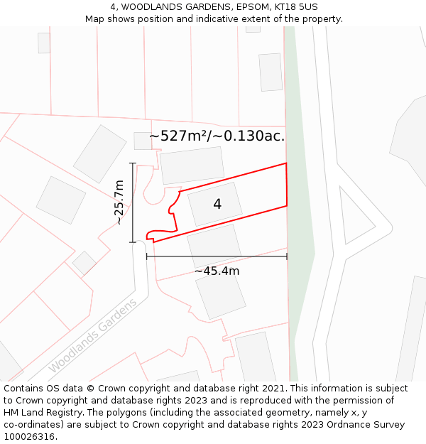 4, WOODLANDS GARDENS, EPSOM, KT18 5US: Plot and title map