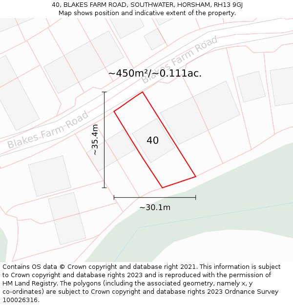 40, BLAKES FARM ROAD, SOUTHWATER, HORSHAM, RH13 9GJ: Plot and title map