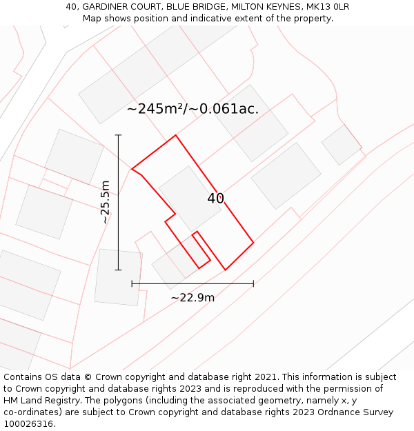 40, GARDINER COURT, BLUE BRIDGE, MILTON KEYNES, MK13 0LR: Plot and title map