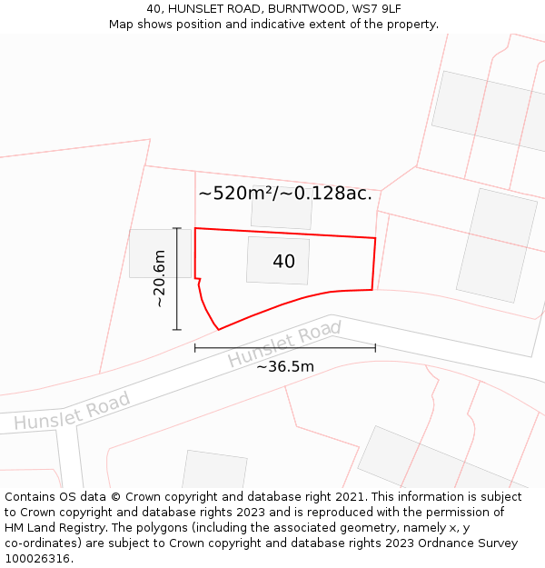 40, HUNSLET ROAD, BURNTWOOD, WS7 9LF: Plot and title map