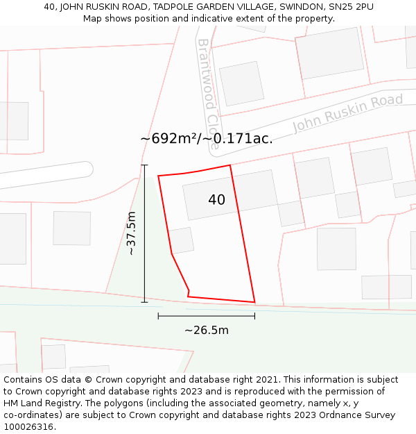 40, JOHN RUSKIN ROAD, TADPOLE GARDEN VILLAGE, SWINDON, SN25 2PU: Plot and title map