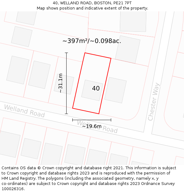 40, WELLAND ROAD, BOSTON, PE21 7PT: Plot and title map