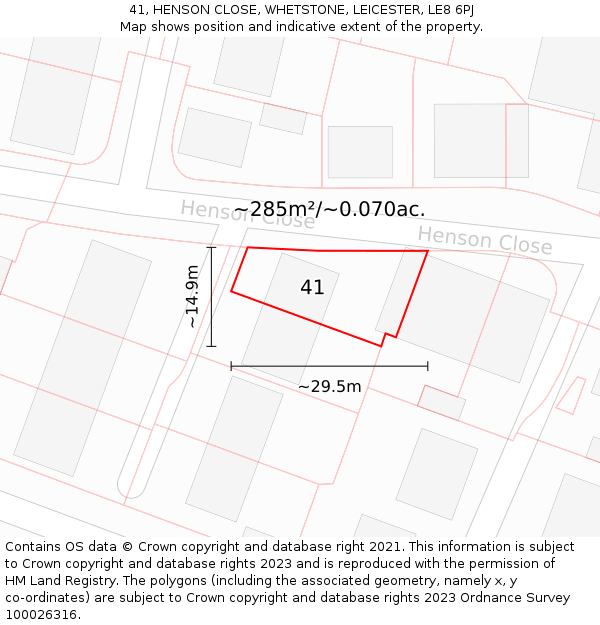 41, HENSON CLOSE, WHETSTONE, LEICESTER, LE8 6PJ: Plot and title map