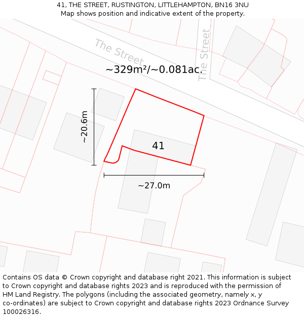 41, THE STREET, RUSTINGTON, LITTLEHAMPTON, BN16 3NU: Plot and title map