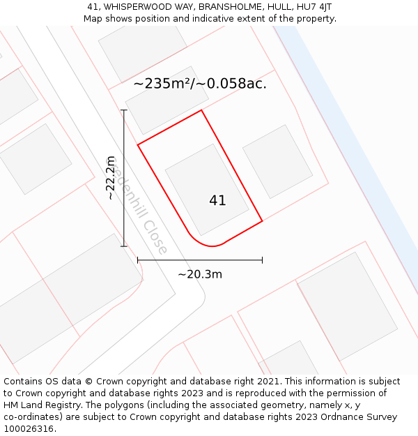 41, WHISPERWOOD WAY, BRANSHOLME, HULL, HU7 4JT: Plot and title map