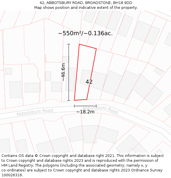 42, ABBOTSBURY ROAD, BROADSTONE, BH18 9DD: Plot and title map