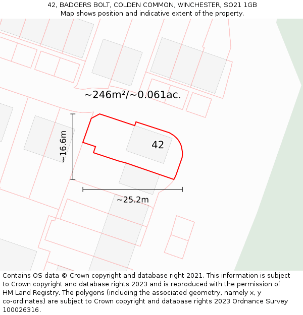 42, BADGERS BOLT, COLDEN COMMON, WINCHESTER, SO21 1GB: Plot and title map