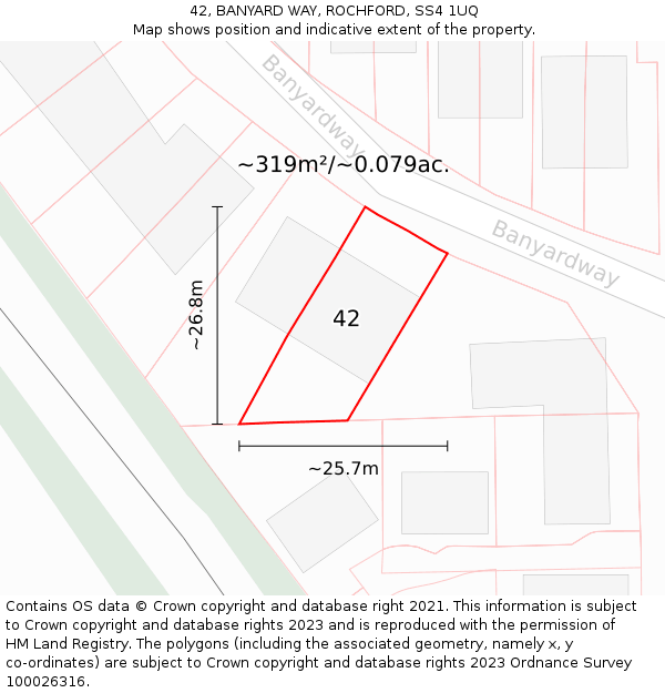 42, BANYARD WAY, ROCHFORD, SS4 1UQ: Plot and title map