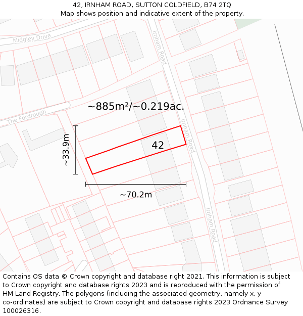 42, IRNHAM ROAD, SUTTON COLDFIELD, B74 2TQ: Plot and title map