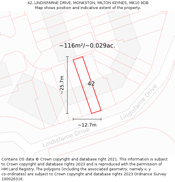 42, LINDISFARNE DRIVE, MONKSTON, MILTON KEYNES, MK10 9DB: Plot and title map