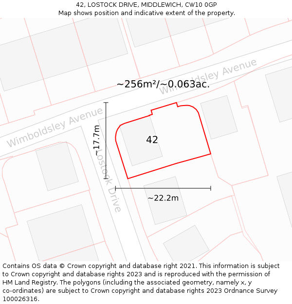 42, LOSTOCK DRIVE, MIDDLEWICH, CW10 0GP: Plot and title map